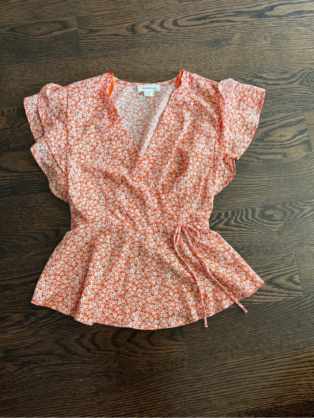 Monteau Orange and White Floral Wrap Peplum Blouse Size Small NWOT - Picture 3 of 5
